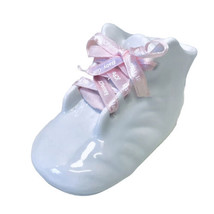 JC Penny Vintage 1998 Baby Girl White With Pink Ribbon Laces Porcelain Shoe Bank - £10.23 GBP