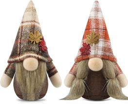 Set of 2 Fall Gnomes Plush Decorations for Home Harvest Handmade Maple Leaf Buff - $12.60