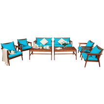 8PCS Outdoor Rattan Furniture Set Acacia Wood Frame Cushioned Sofa Chair - £957.71 GBP