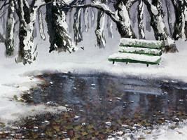 Winter Landscape Watercolor Painting Original Trees Park Bench Puddle Wall Art  - £143.88 GBP