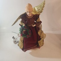Porcelain Angel 13.5&quot; Tall Christmas Tree Topper Gold Wings Red Dress Cone Base  - £11.35 GBP
