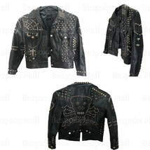 New Men&#39;s Black Punk Clean Up Silver Studded Cowhide Leather Jacket All Size-558 - £274.64 GBP