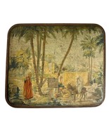 Vintage French metal tin box with lid painted very old, Orientalist theme - $34.30