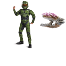 Boys Halo Master Chief XBOX Light-up Muscle &amp; Needler Weapon Halloween Costume-M - £34.62 GBP