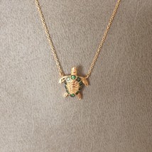 18k Rose Gold Cable Women&#39;s Turtle Necklace Round Zambian Emerald 16.73 inch - £359.55 GBP
