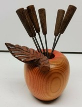 RARE Hand Carved Dobin Switzerland Wood Apple Appetizer 6 PC Fork Holder... - £53.92 GBP