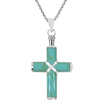 Christian Cross Green Turquoise Inlay .925 Silver Necklace - £17.44 GBP