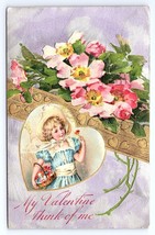 Postcard My Valentine Think Of Me Girl w/ Flower Basket c.1909 - £3.55 GBP