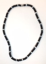 Tribal Boho Navy Black &amp; White Wood &amp; Shell Necklace Barrel Closure Approx 17&quot; - £11.76 GBP