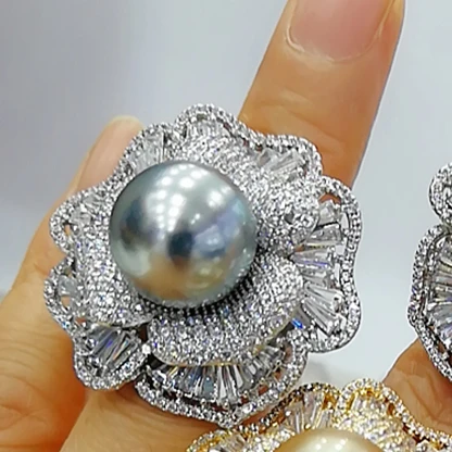 Trendy Flower Pearl Statement Rings for Women Cubic Zircon Finger Rings Beads Ch - £28.26 GBP
