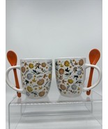 (2) Coffee Mug Tea Fall Pumpkin &amp; Leaves Orange Stir Spoon Cup Microwave... - $215.57 MXN