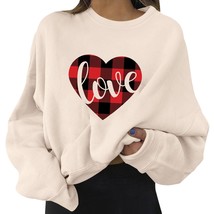 Women Plaid Love Heart Printed Hoodies Loose Valentine&#39;s Day Pullover Winter O N - £50.16 GBP