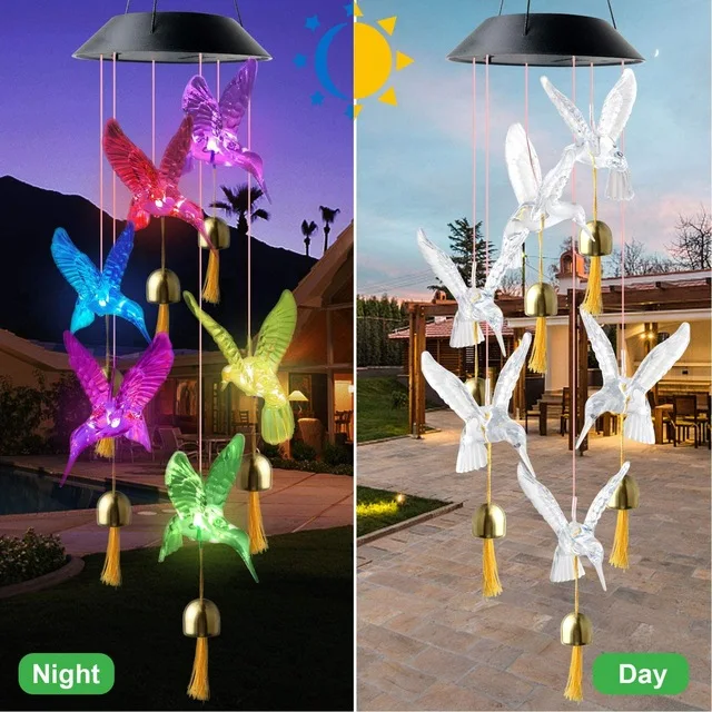 Solar Light Power Wind Chime Crystal Hummingbird  Waterproof Outdoor Windchime L - £75.98 GBP