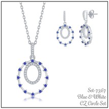 Sterling Silver Double Circle Blue CZ Necklace &amp; Earrings Set - £113.87 GBP