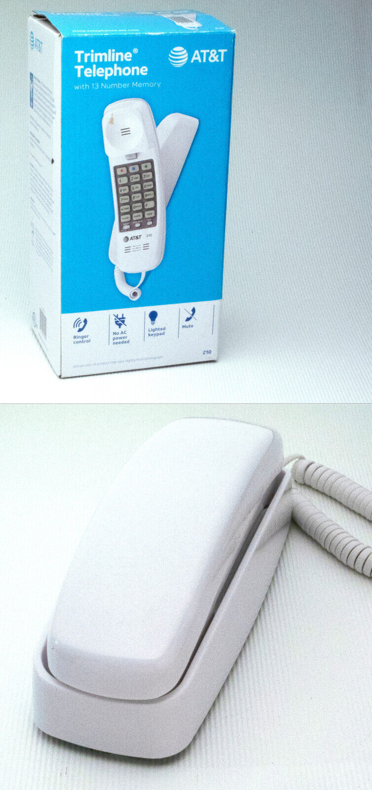 AT&T TRIMLINE CORDED TELEPHONE NO AC LIGHTED DIAL WALL MOUNTABLE 210W WHITE - £11.07 GBP