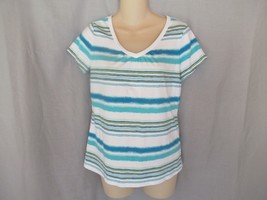 St. John&#39;s Bay  tee top Petite Small  white aqua stripe V neck cap sleeves - £7.43 GBP