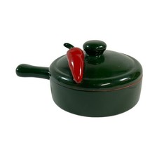 Redware Green Terracotta Soup Crock w/ Handle &amp; Lid Red Chili Pepper Sou... - $28.04