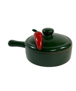 Redware Green Terracotta Soup Crock w/ Handle &amp; Lid Red Chili Pepper Sou... - £22.00 GBP