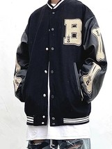 Vintage Bone Varsity Jacket Men Leather Sleeve Plush Letterman Women&#39;s Bomber Ja - £96.25 GBP