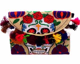 Day of the Dead Sugar Skull Floral Embroidered Pom Fringe Slim Envelope Clutch P - $25.73