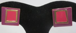 Vintage Estate Enameled Pink &amp; Purple Square Earrings Gold Tone Clip On - £11.99 GBP