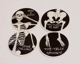 Halloween Coasters 4 Blue Harbor Skeleton Skull Bones Ceramic Black Round - £13.38 GBP