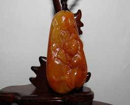 YW 2.6&quot; China Certified Nature Yellow Dragon Jade Longevity Monkey and P... - £52.82 GBP