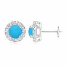 ANGARA 6mm Natural Turquoise Stud Earrings with Bar-Set Diamond Halo in Silver - £791.78 GBP+