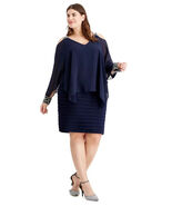 BETSY &amp; ADAM Cold-Shoulder Popover Dress Navy Silver Beads Plus Size 16W... - $110.42 CAD
