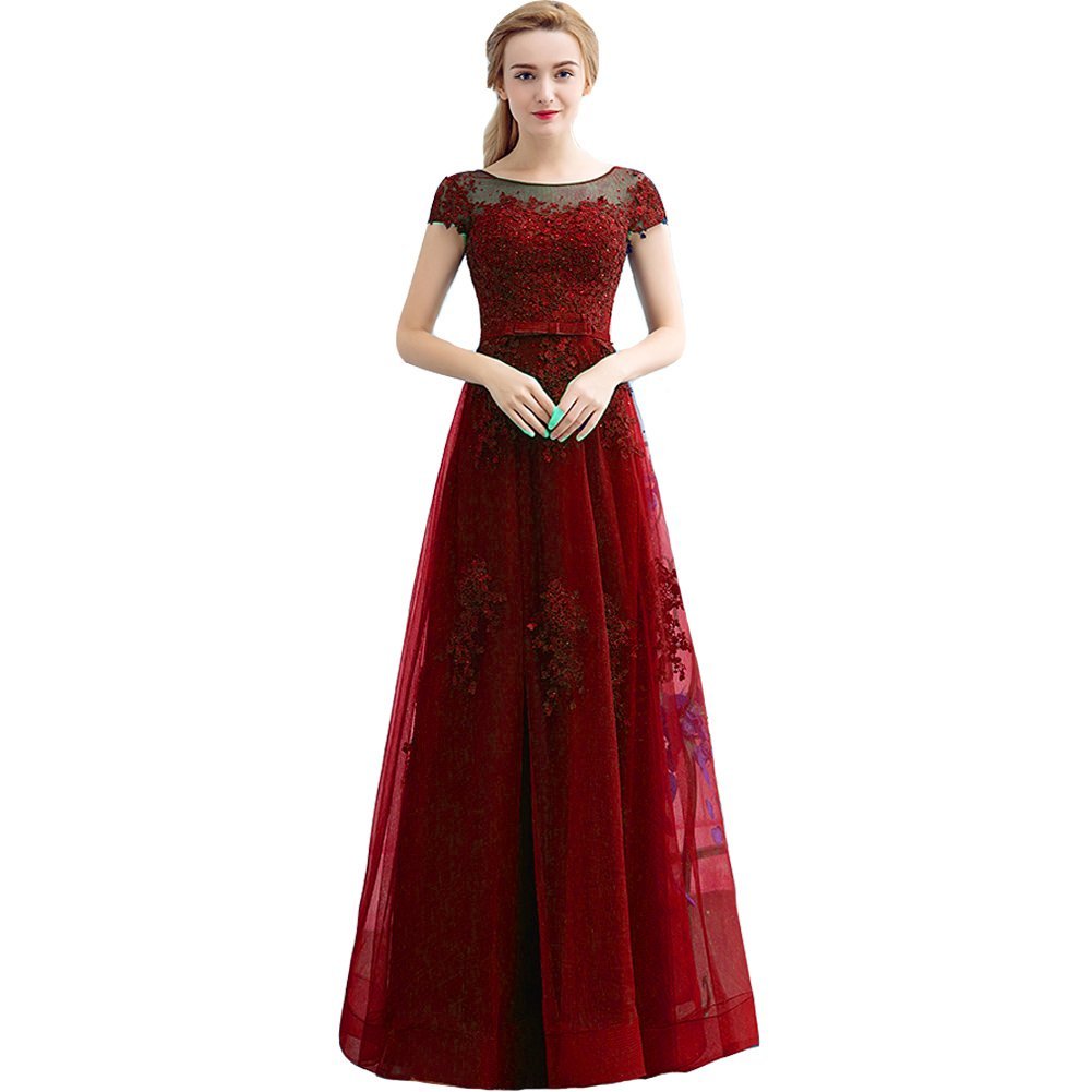 Kivary Wine Red Lace Appliques Sheer Bateau Long Corset Prom Evening Dresses Plu