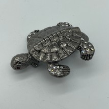 Vintage Turtle Brooch Pin Clear Crystal Rhinestones Silver Tone - £10.99 GBP
