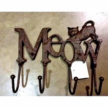 4-HOOKS RACK: Cast Iron -  - &quot;MEOW&quot; Kitty Cat Motif for all your kitty&#39;s stuff. - £8.61 GBP