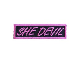SHE DEVIL 3.5&quot; x 1&quot; Pink on Black Funny iron on patch (1316) (T36) - £4.61 GBP