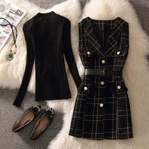 Vintage Mid-length 75cm Plaid Tweed Vest Jacket Women 2 Piece Set - £43.25 GBP+