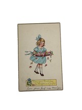 Vintage Linen Postcard Blond Girl Blue Dress Carrying Flowers Birthday Used - £9.34 GBP