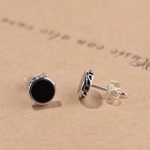 Real Pure 925 Sterling Silver Stud Earrings Plane Inlaid Natural Black Onyx Roun - £20.52 GBP