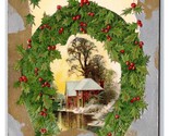 Merry Christmas Wreath Holly Cabin Scene Embossed DB Postcard U27 - $3.91