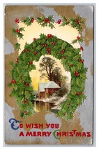 Merry Christmas Wreath Holly Cabin Scene Embossed DB Postcard U27 - £3.07 GBP