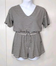 Umgee Black &amp; White Striped Romper Shorts Large Short Sleeve V Neck Relaxed Fit - £20.13 GBP