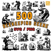 Beekeeping Scene Clipart SVG Png, Honeybee Farm Silhouette, Beekeeper Sv... - $2.98