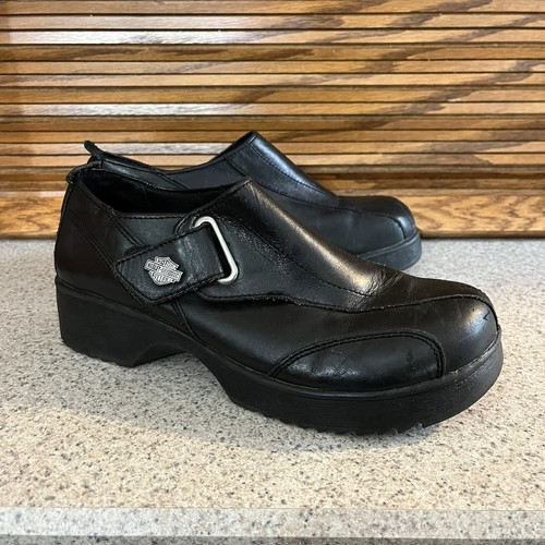 Vintage Y2K Harley Davidson Black Leather Side Closure Women’s Slip On S... - $44.64