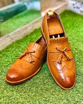 Men&#39;s Handmade Tan Brown Color Genuine Leather Slip On Moccasin Loafers ... - £156.74 GBP