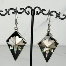Vintage Alpaca Mexico Silver Tone Abalone Shell Inlay Flower Dangle Earrings - £13.30 GBP