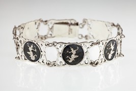Vintage Thai Silver Siam Niello Black Enamel Panel Bracelet 7.25&quot; - $147.51