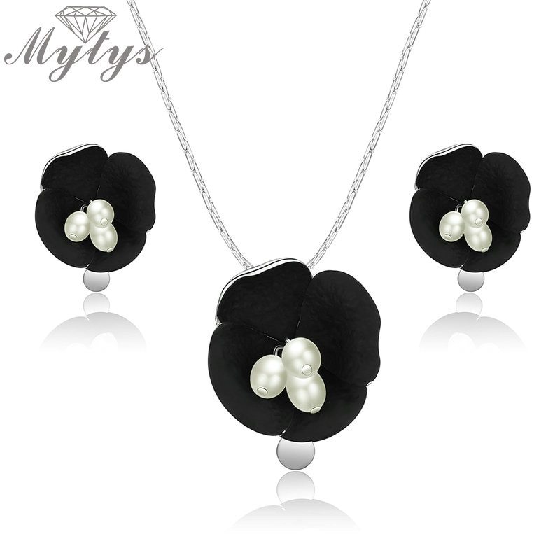 Mytys Women Trendy Fashion Black Flower Jewelry Sets White Pearls Stamen Shining - £18.71 GBP