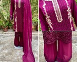 Pakistani Magenta  Straight Style Embroidered Sequins 3pcs Chiffon Dress,XL - £97.47 GBP