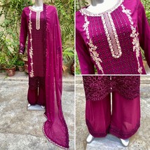 Pakistani Magenta  Straight Style Embroidered Sequins 3pcs Chiffon Dress,XL - $123.75