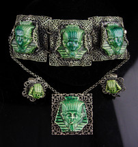 Egyptian Revival Parure / King Tut Bracelet / clip on earrings / Pharaoh brooch  - £340.78 GBP