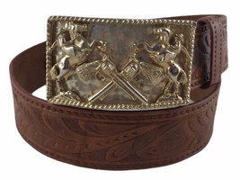  Cowboys Rearing Horses Crossed Gun Pistols Buckle Tooled Leather Belt 1950s24 - £25.99 GBP