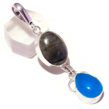 Labradorite, Chalcedony Gemstone 925 Silver Overlay Handmade Double Drop Pendant - £7.81 GBP